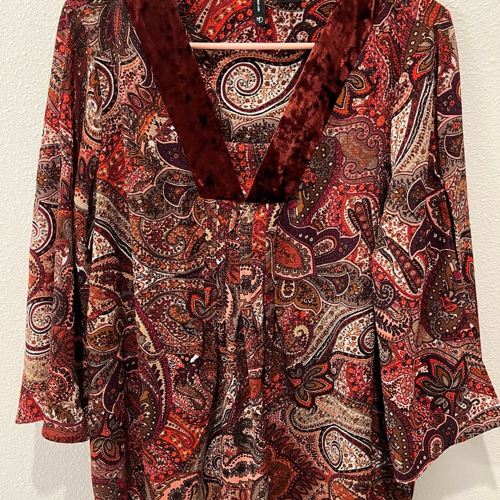 New Directions Red and Cream Paisley Blouse babydoll Y2K